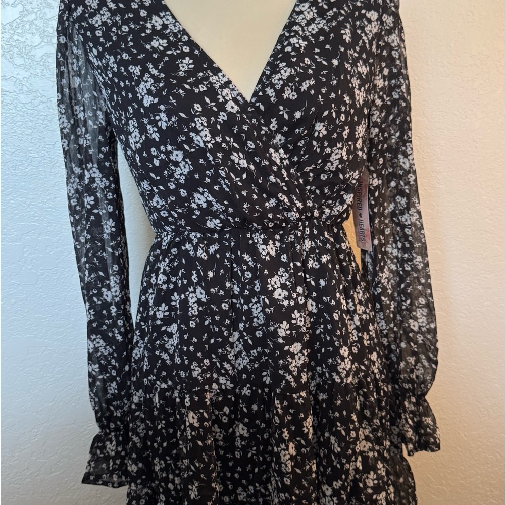 Inspired Hearts Black and White Floral Long Sleeve Dress